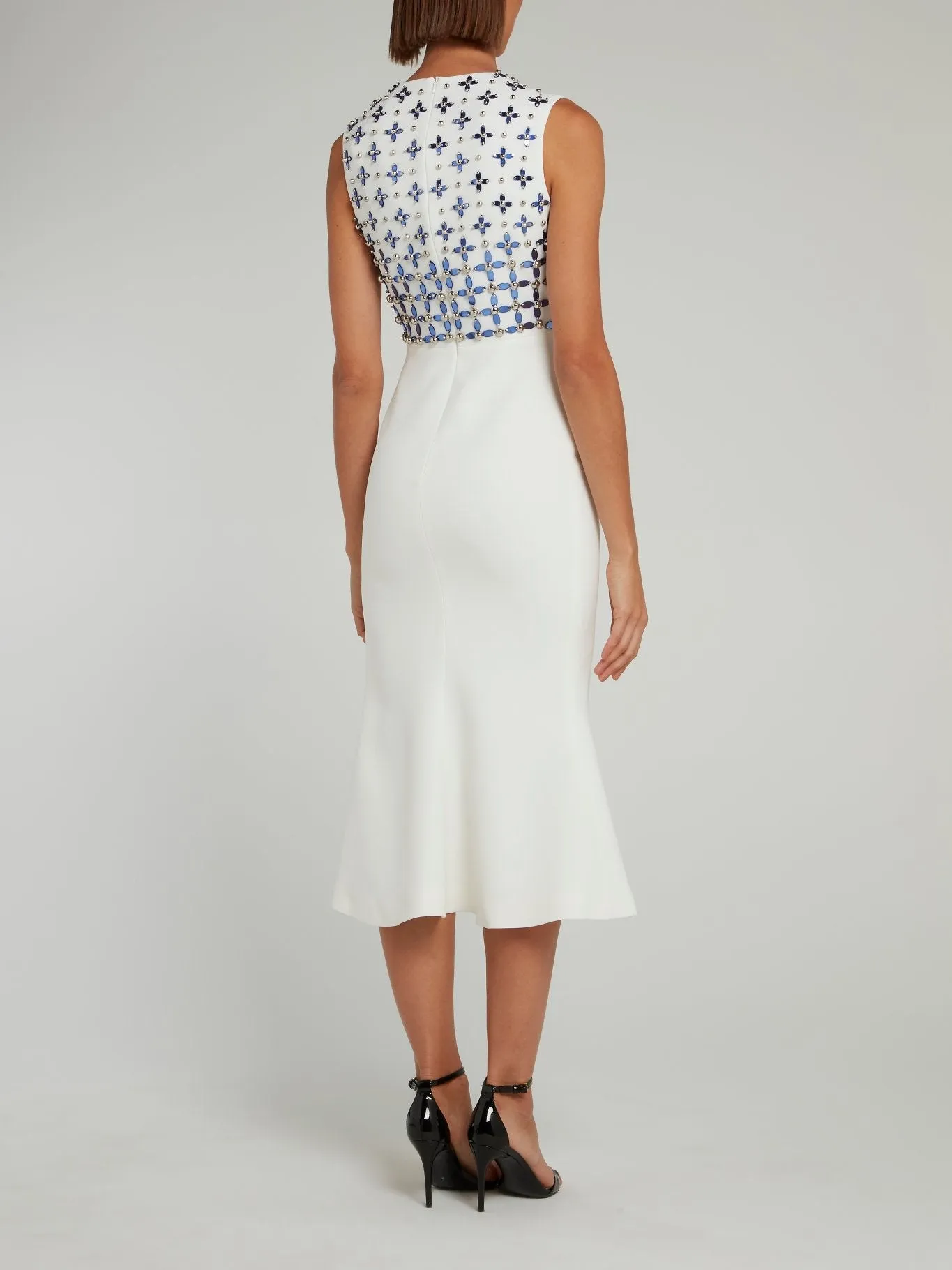 White Floral Beaded High Slit Midi Dress
