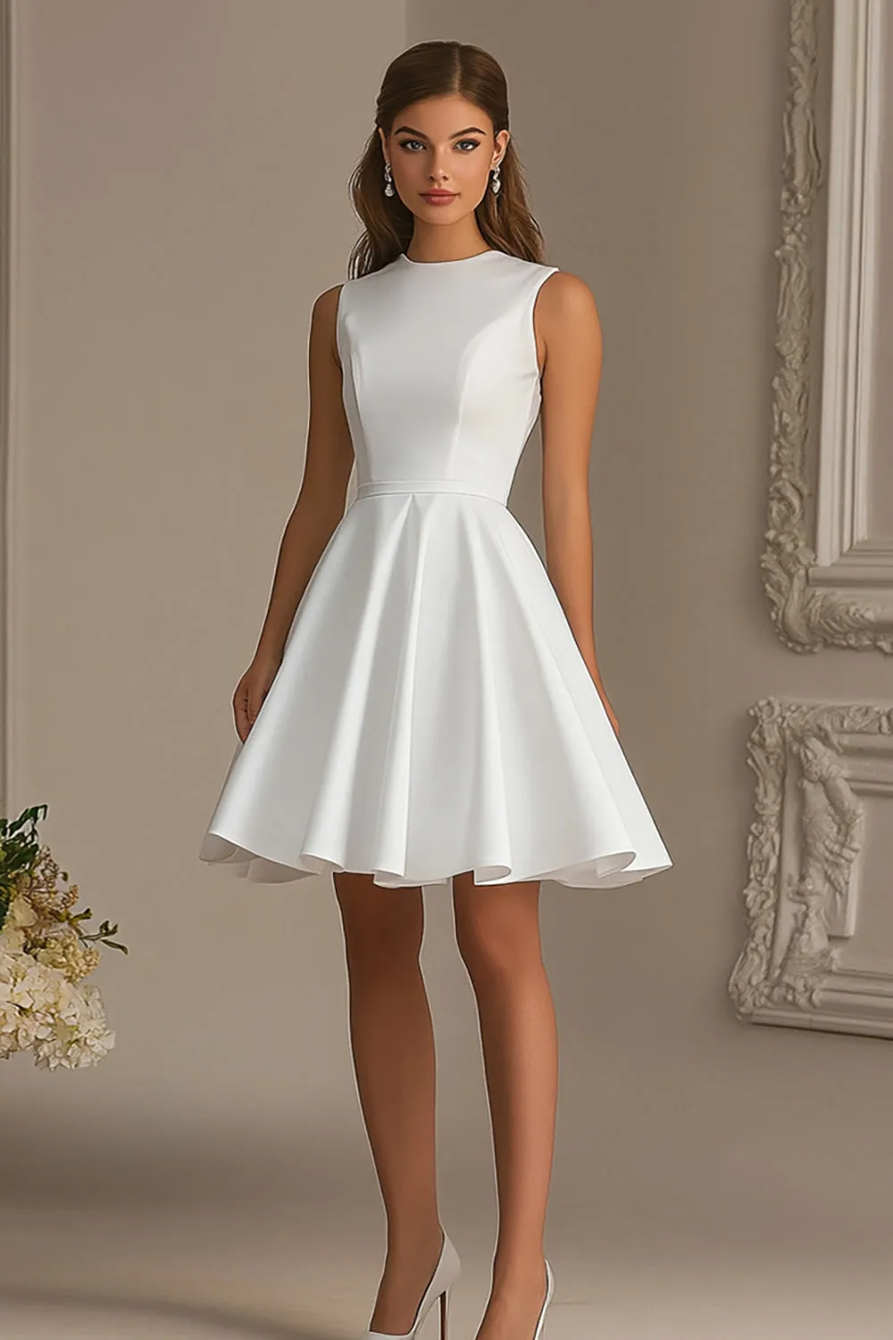 White High Neck Satin Short A Line Graduation Dress