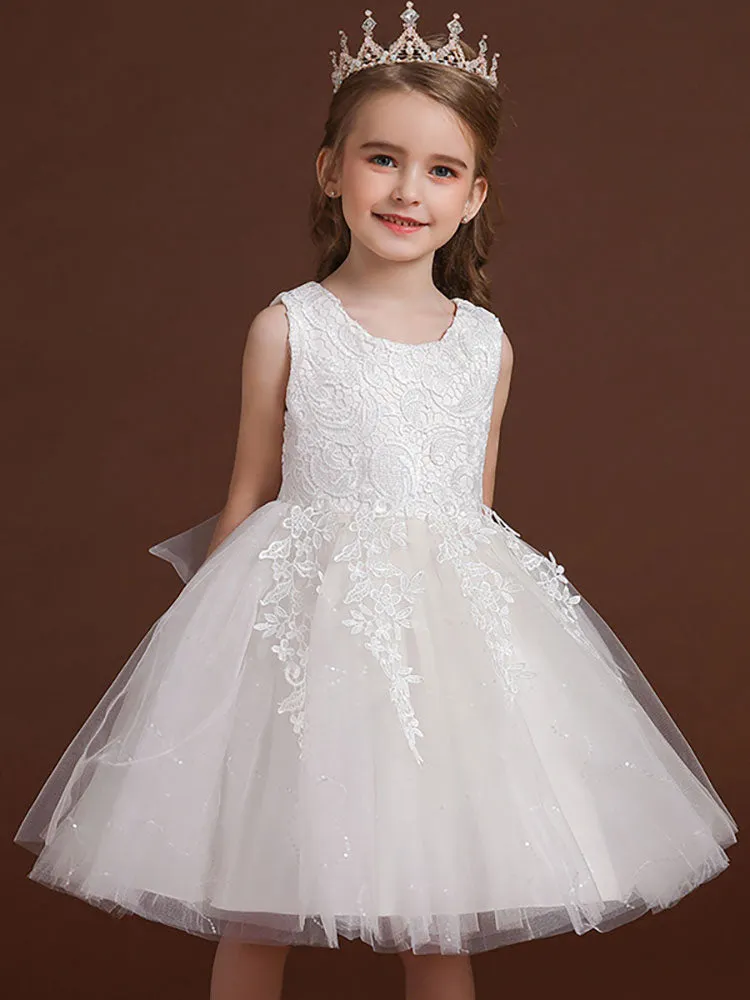 White Jewel Neck Cotton Sleeveless Short A-Line Embroidered flower girl dresses