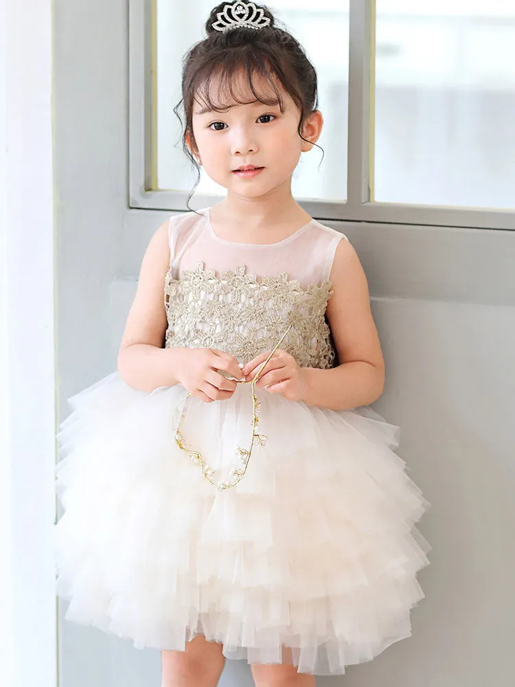 White Jewel Neck Tulle Sleeveless Short Princess Kids Social Party Dresses