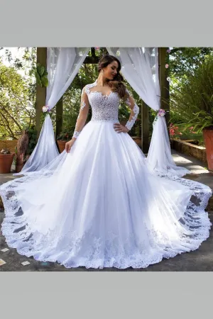 White Lace Long-sleeve Wedding Dresses with Royal Train