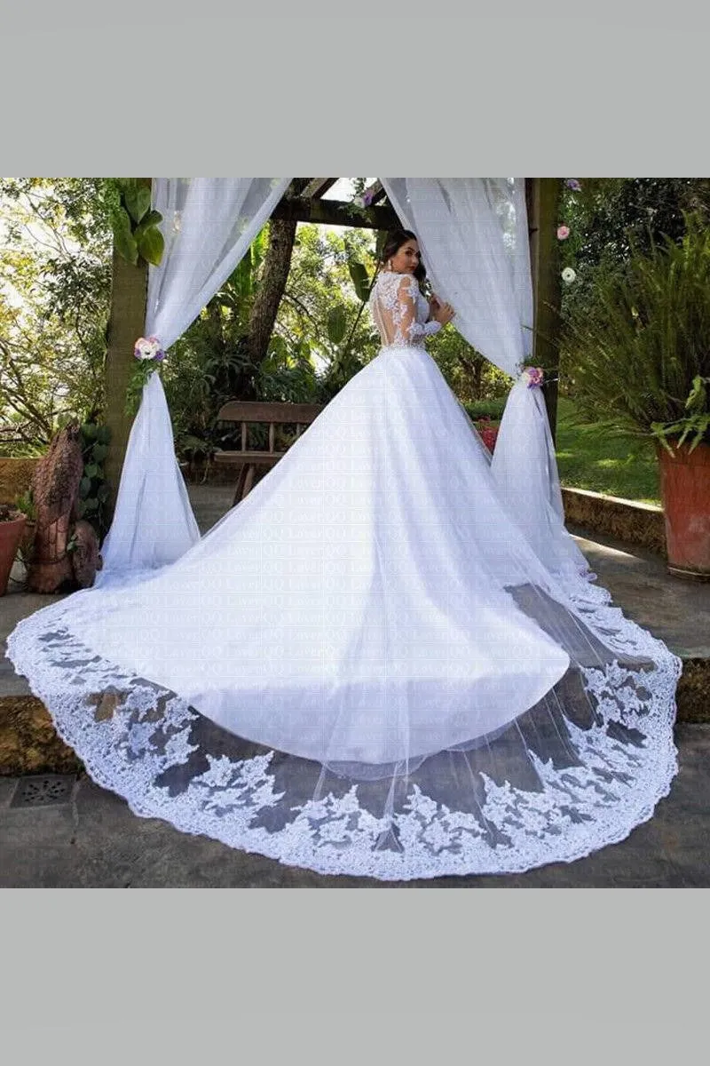 White Lace Long-sleeve Wedding Dresses with Royal Train