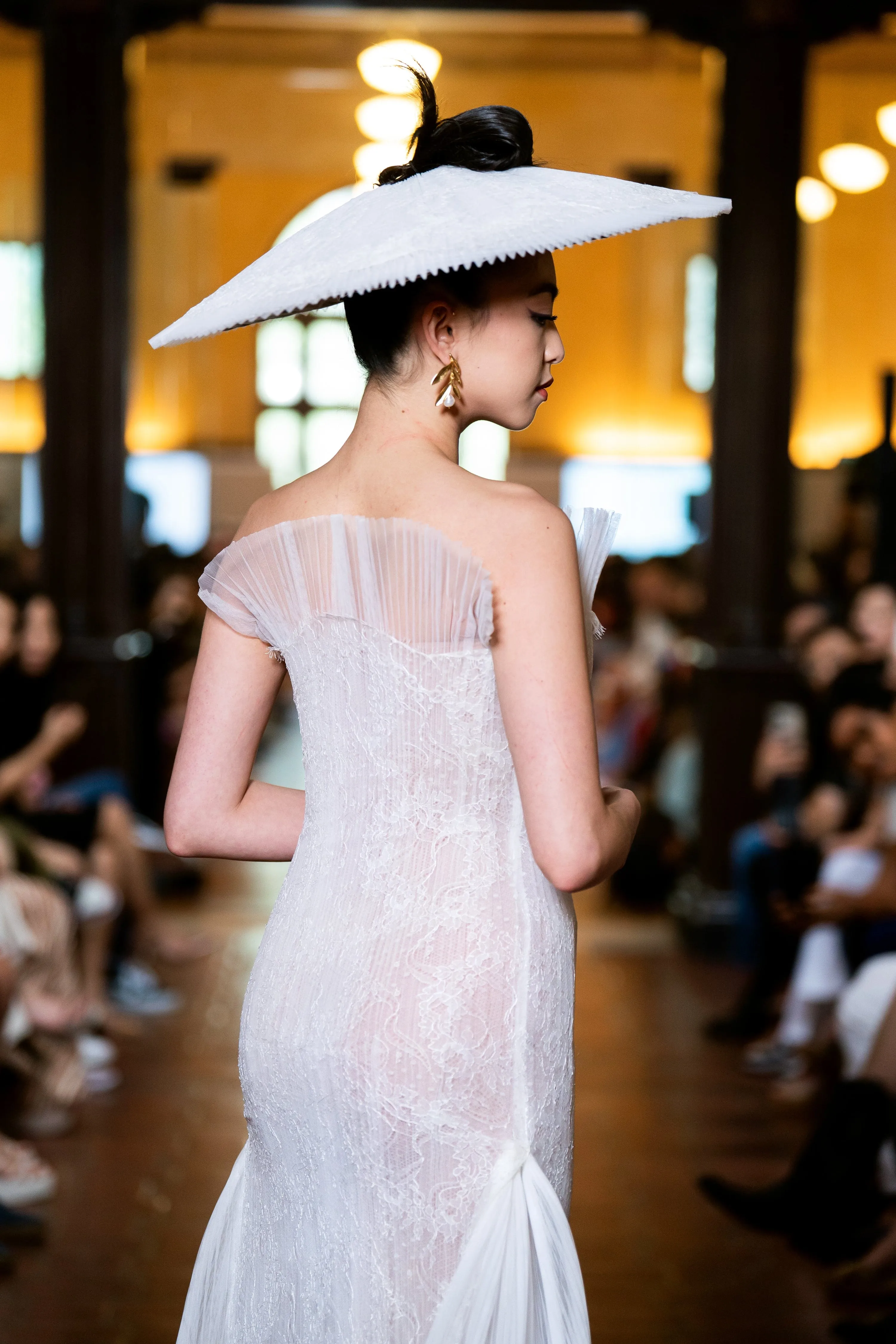 White Lace Pleated Tulle Gown