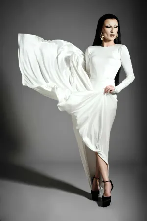 White Long Sleeve Drop Waist Gown
