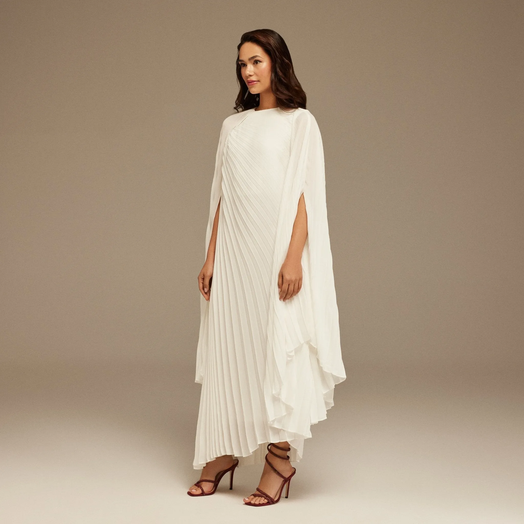 White Pleated Cape Midi Dress