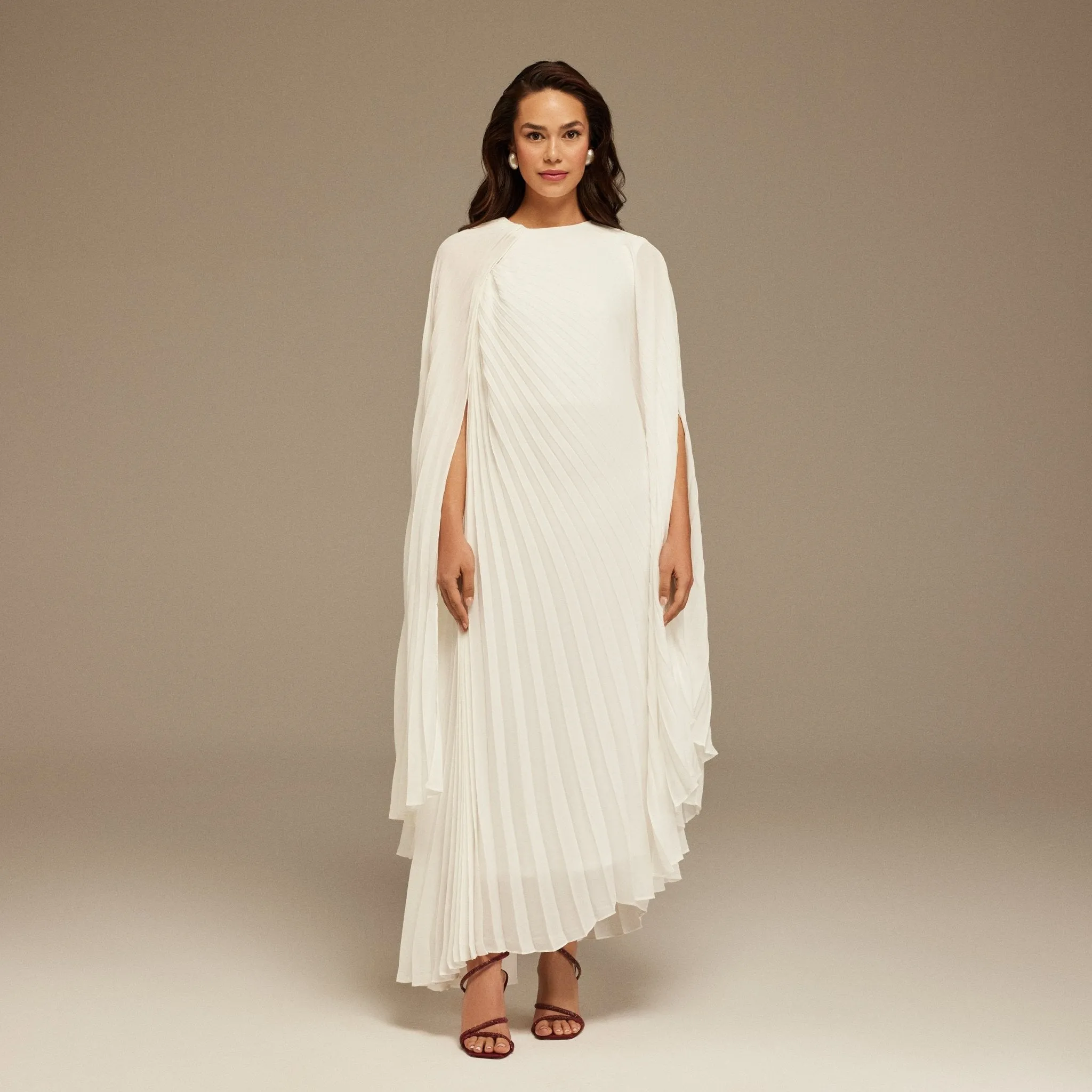White Pleated Cape Midi Dress
