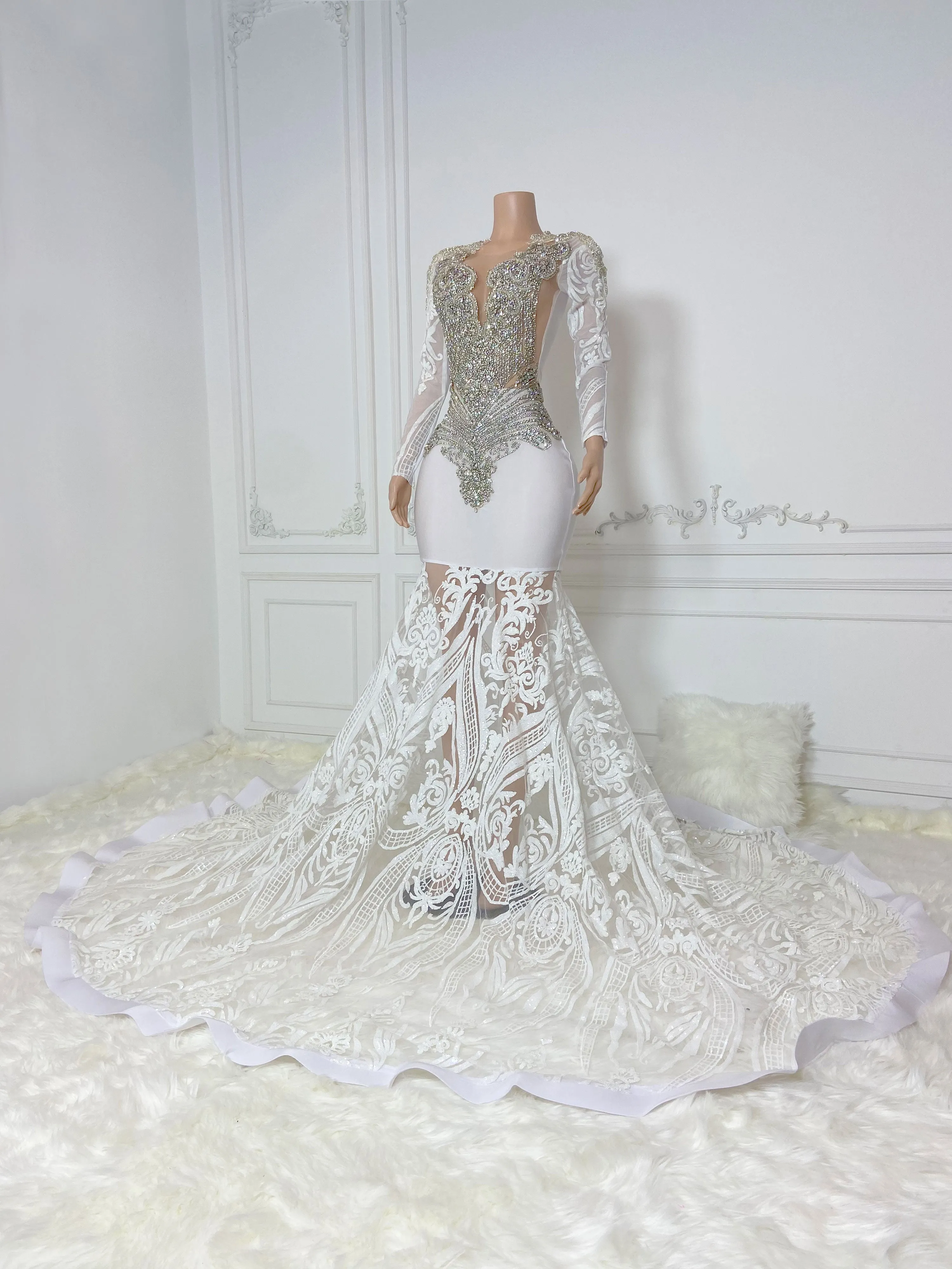 White Round Neck Long Sleeve Maxi Dress with Sequins Gowns