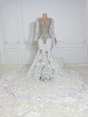 White Round Neck Long Sleeve Maxi Dress with Sequins Gowns