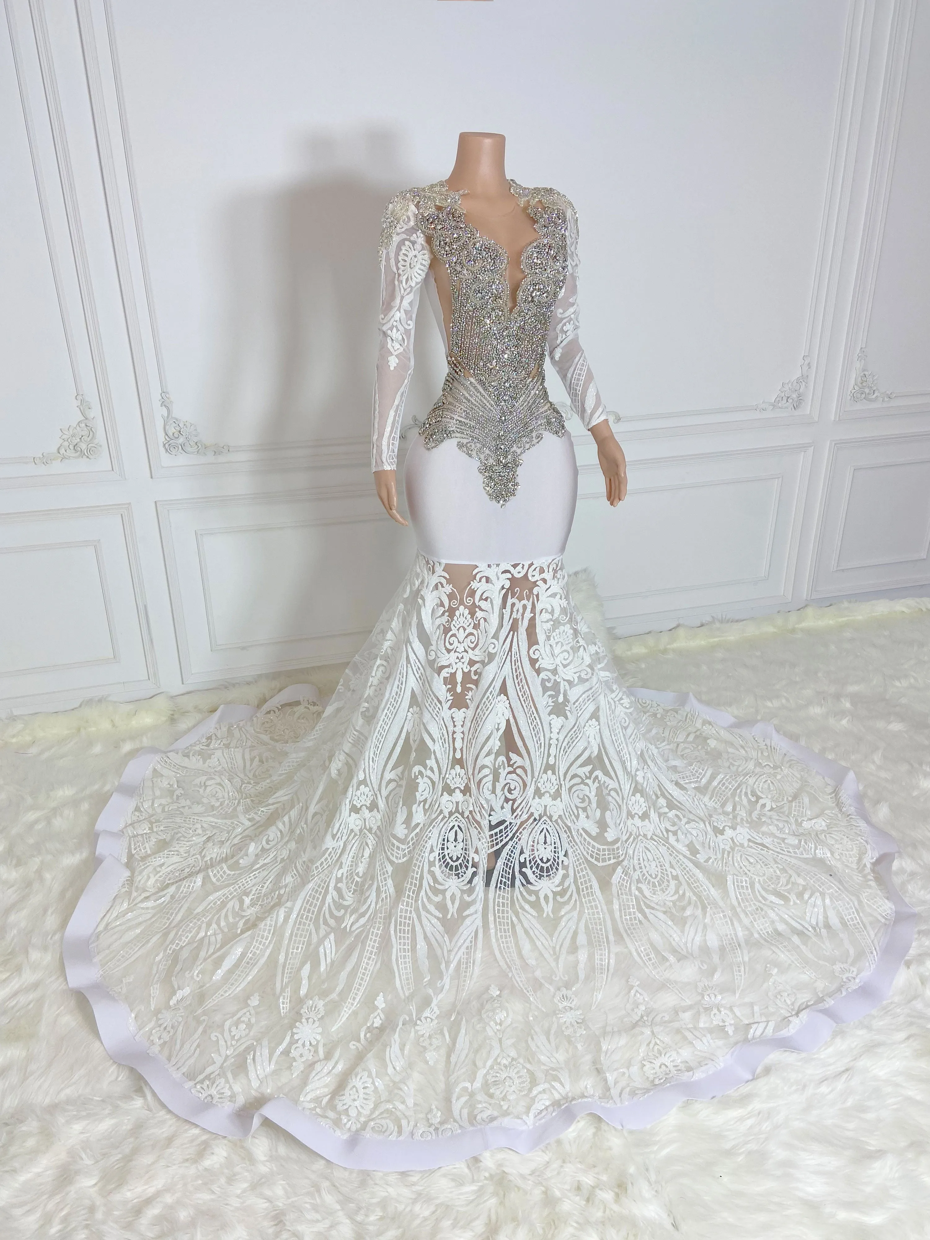 White Round Neck Long Sleeve Maxi Dress with Sequins Gowns