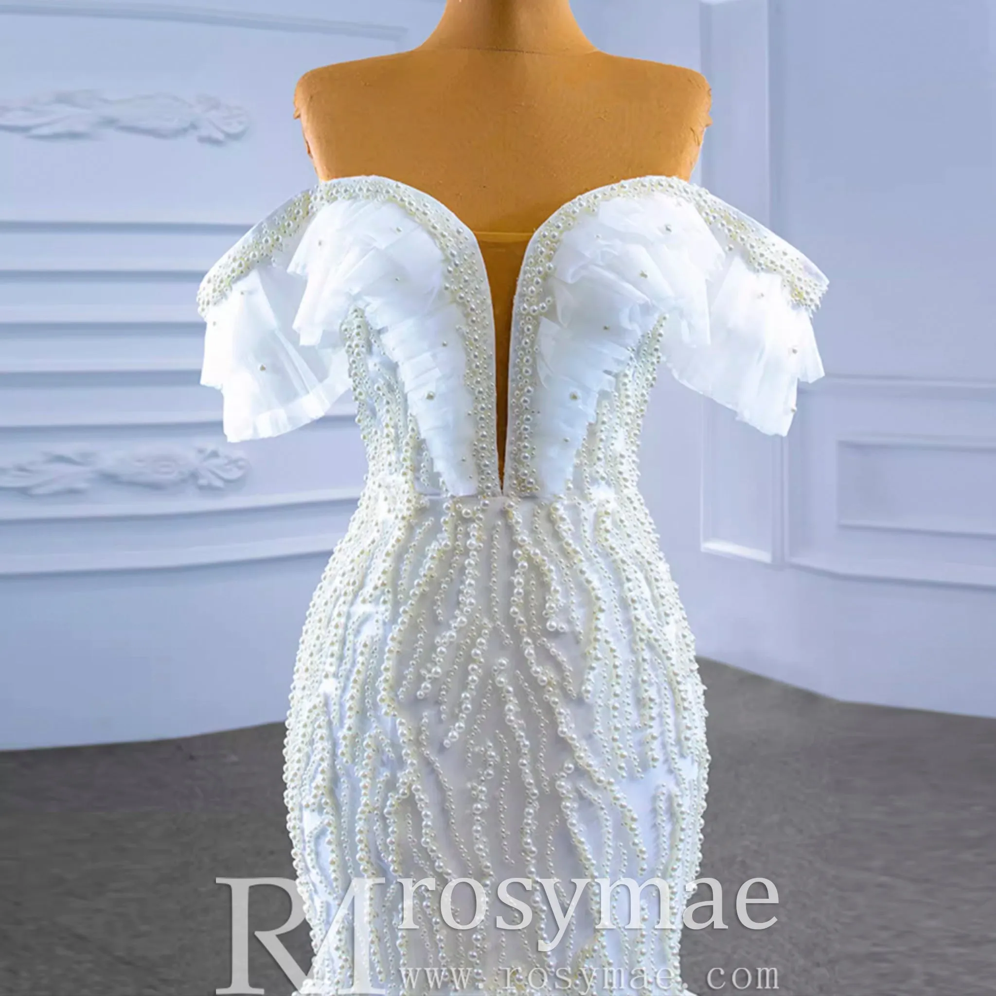 White Trumpet Tulle Off the Shoulder Pearls Wedding Dress