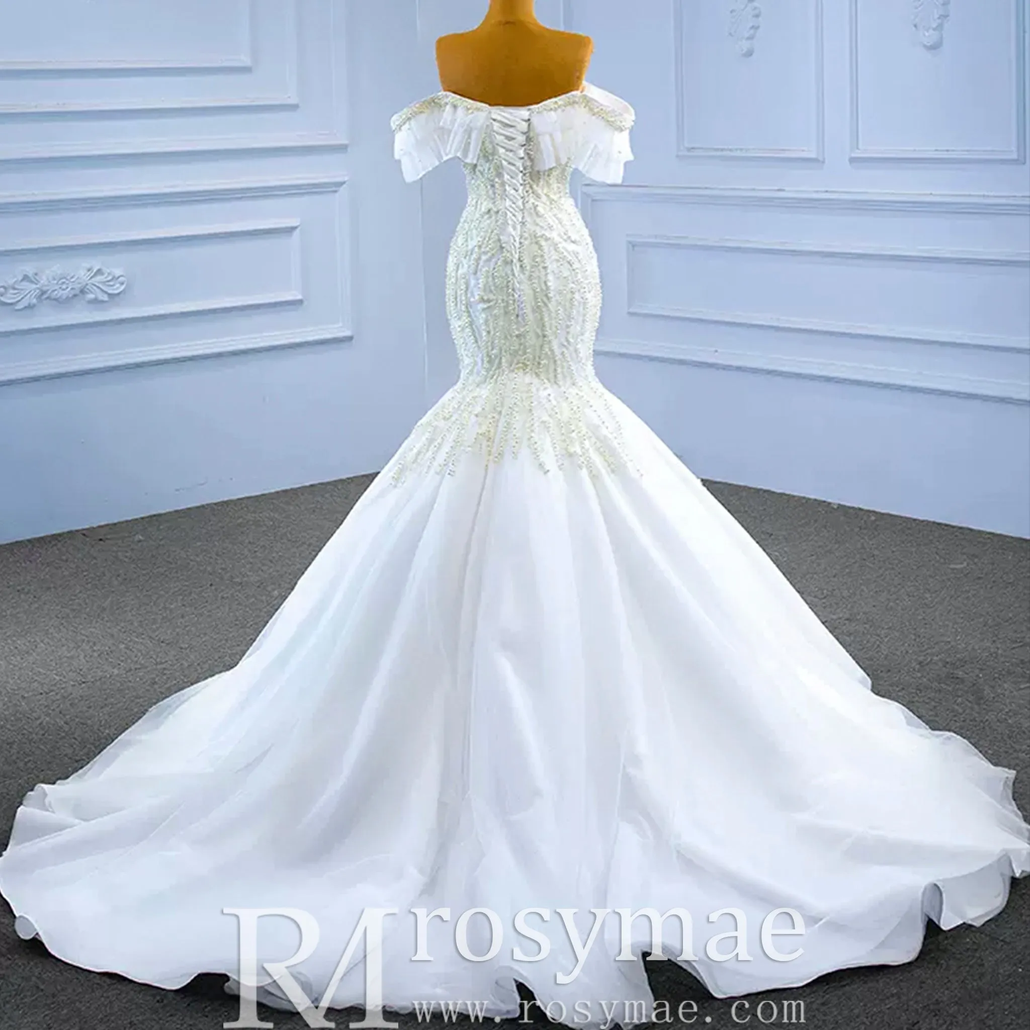White Trumpet Tulle Off the Shoulder Pearls Wedding Dress