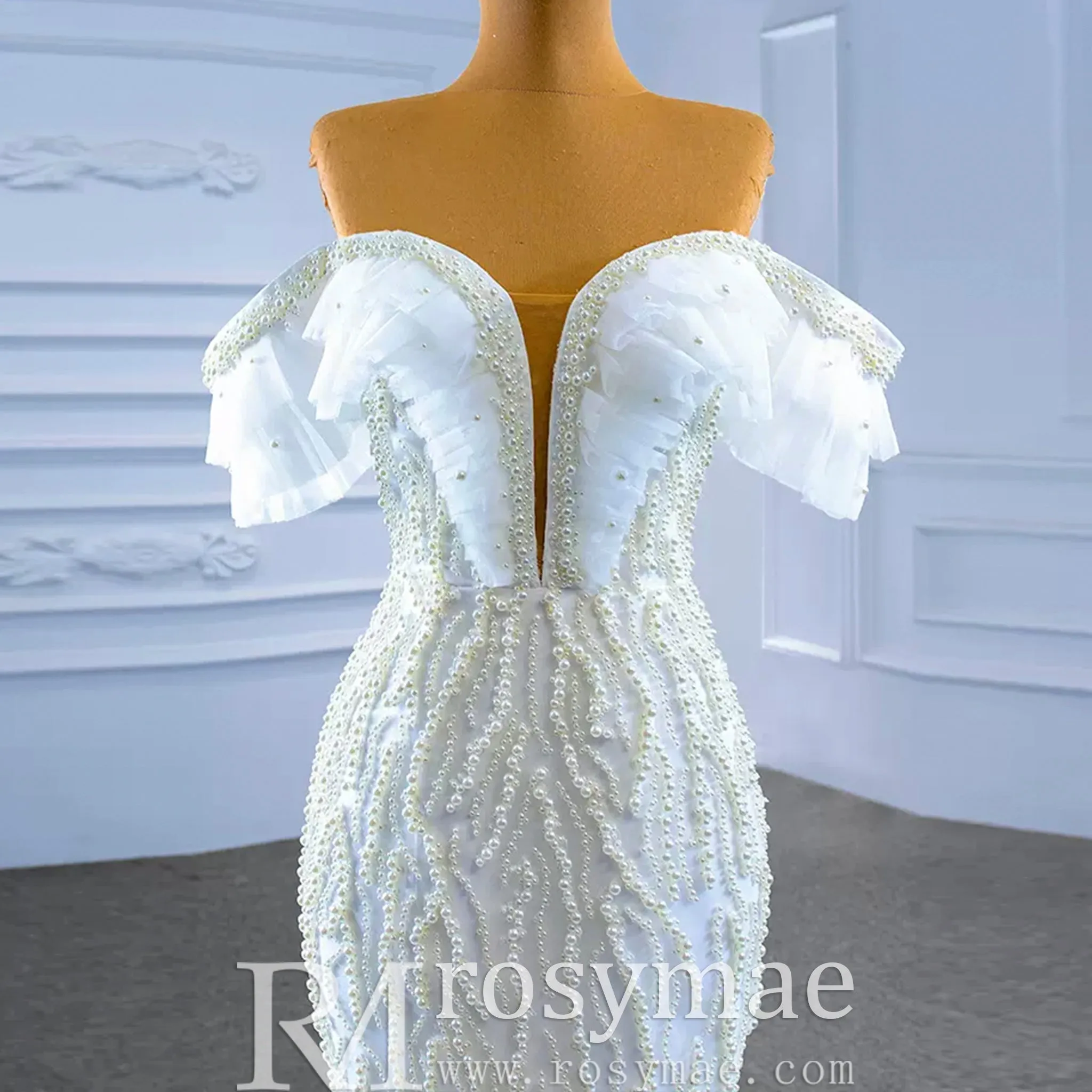 White Trumpet Tulle Off the Shoulder Pearls Wedding Dress