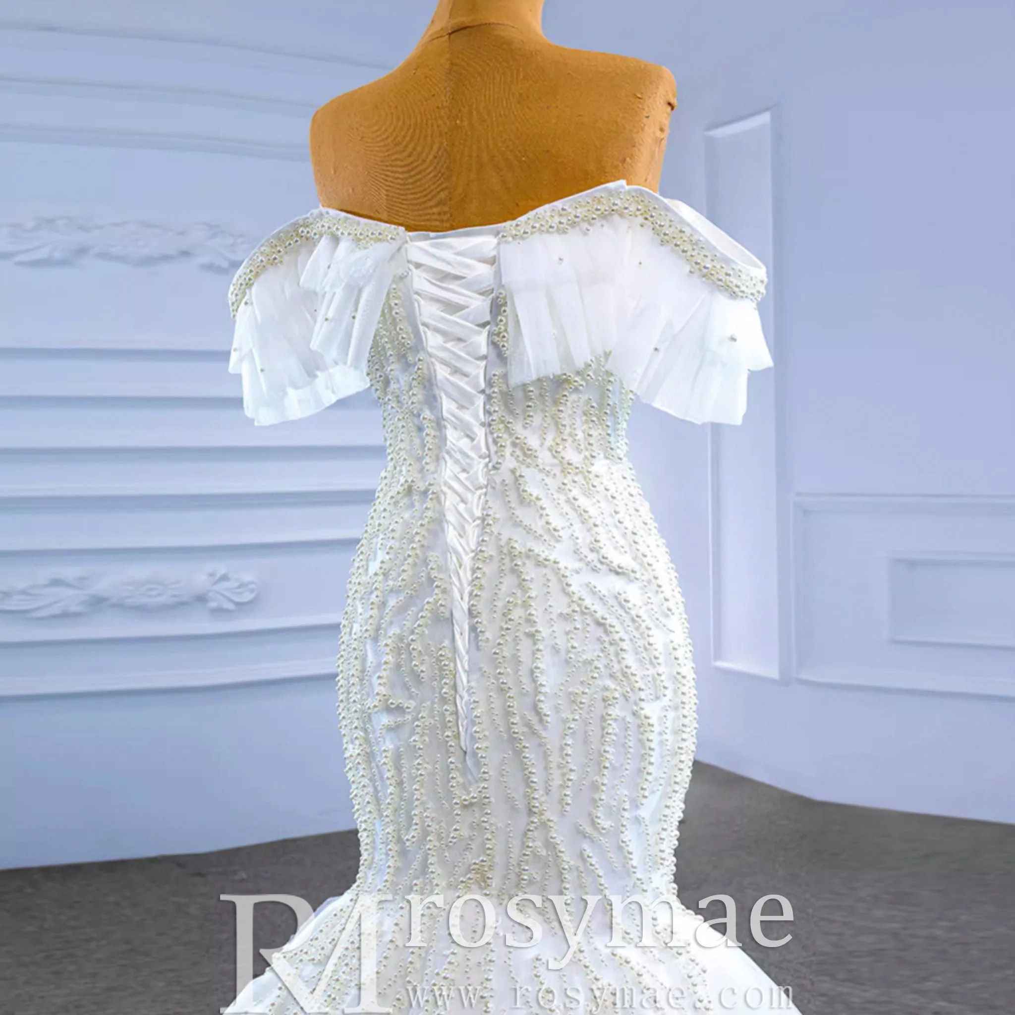 White Trumpet Tulle Off the Shoulder Pearls Wedding Dress