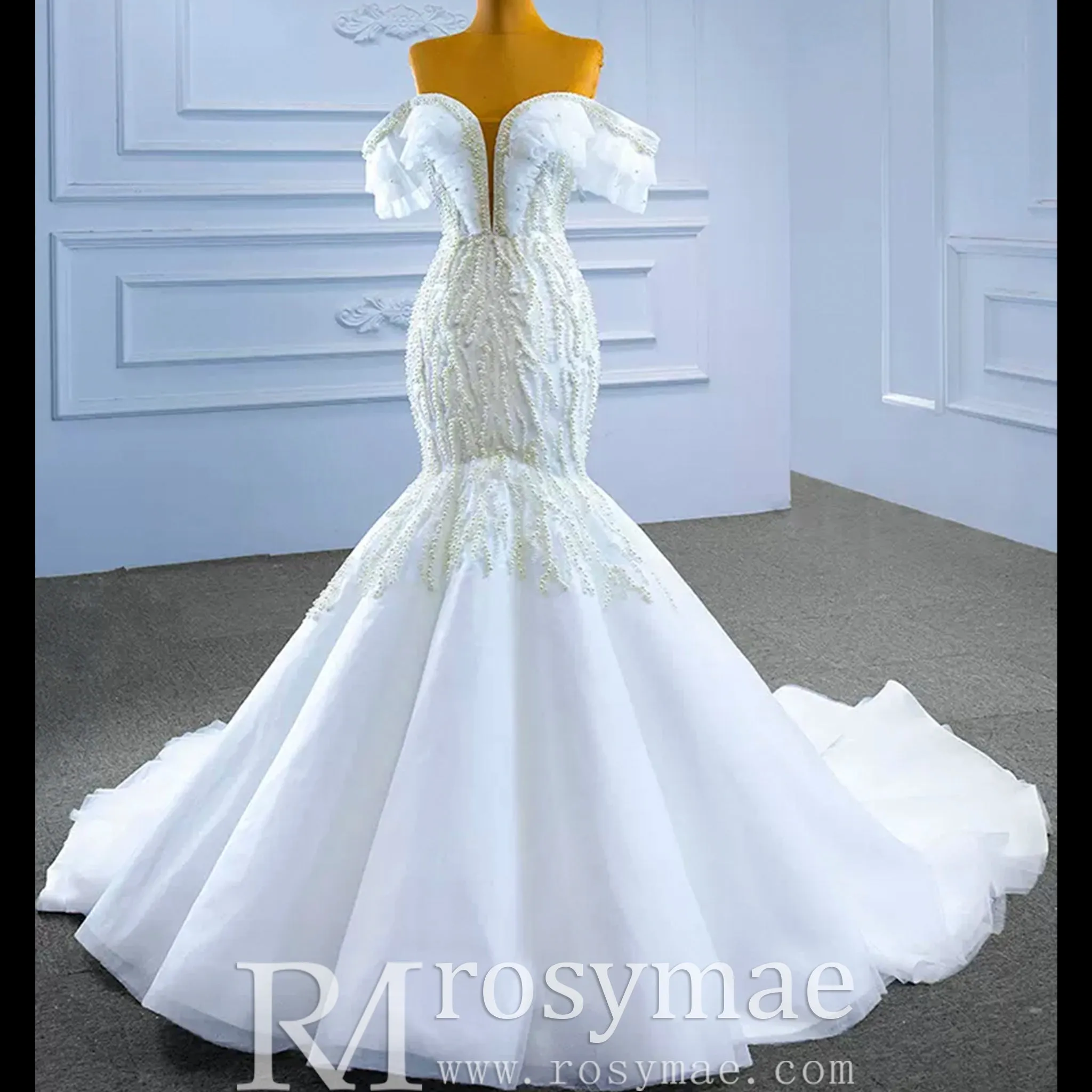 White Trumpet Tulle Off the Shoulder Pearls Wedding Dress