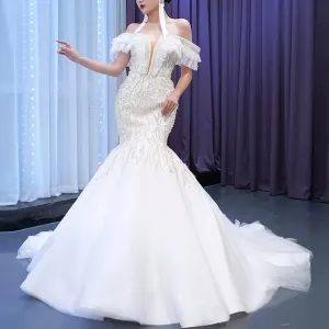 White Trumpet Tulle Off the Shoulder Pearls Wedding Dress
