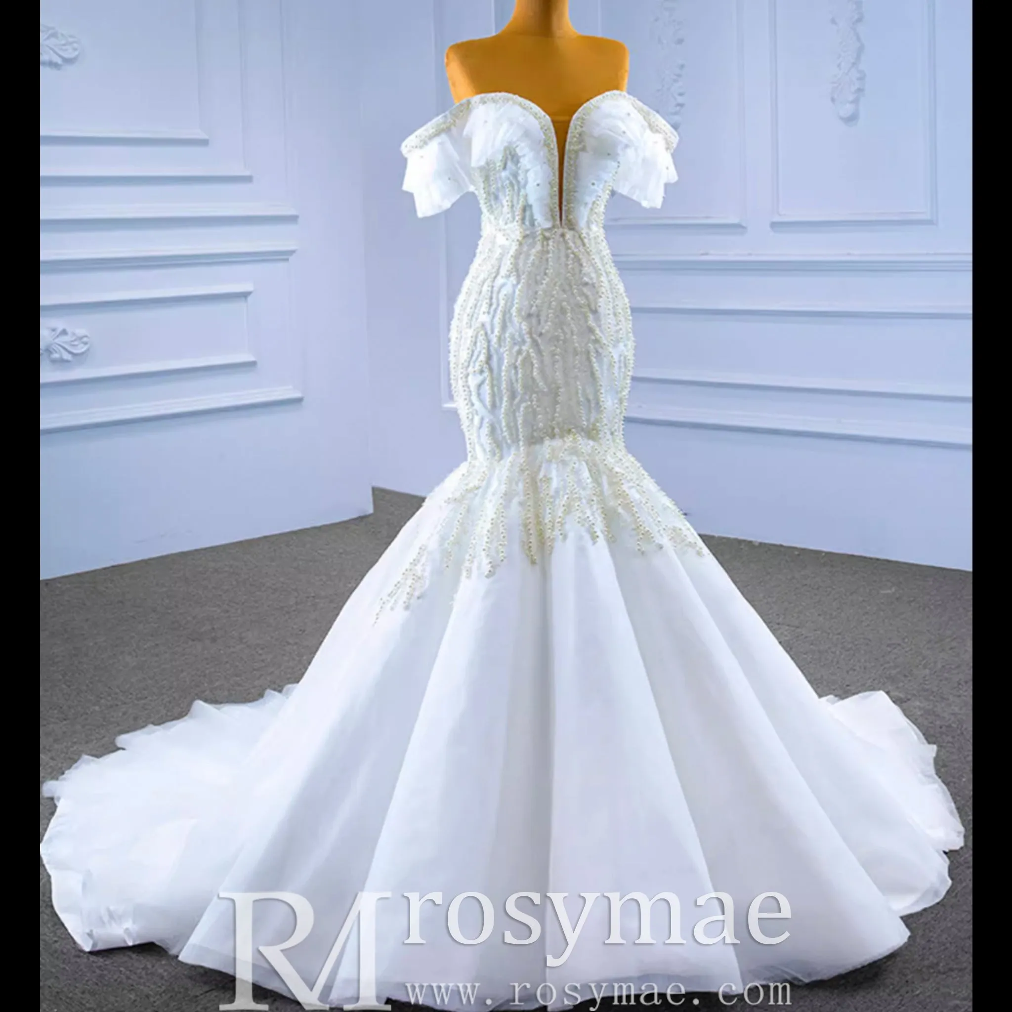 White Trumpet Tulle Off the Shoulder Pearls Wedding Dress
