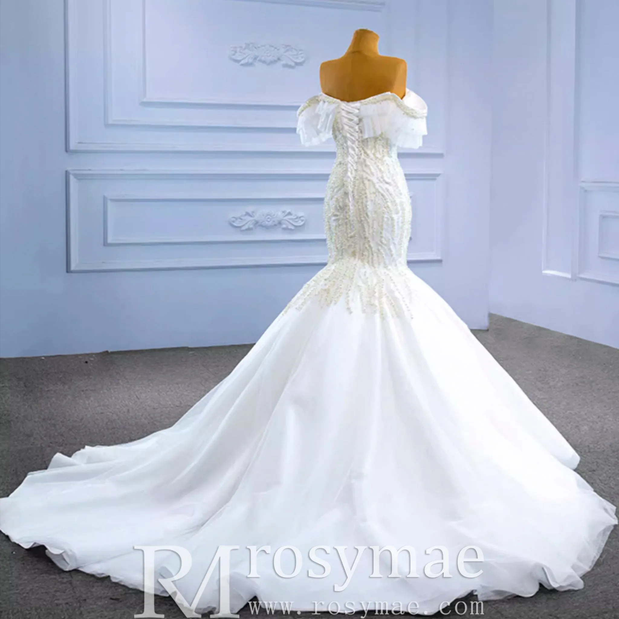 White Trumpet Tulle Off the Shoulder Pearls Wedding Dress