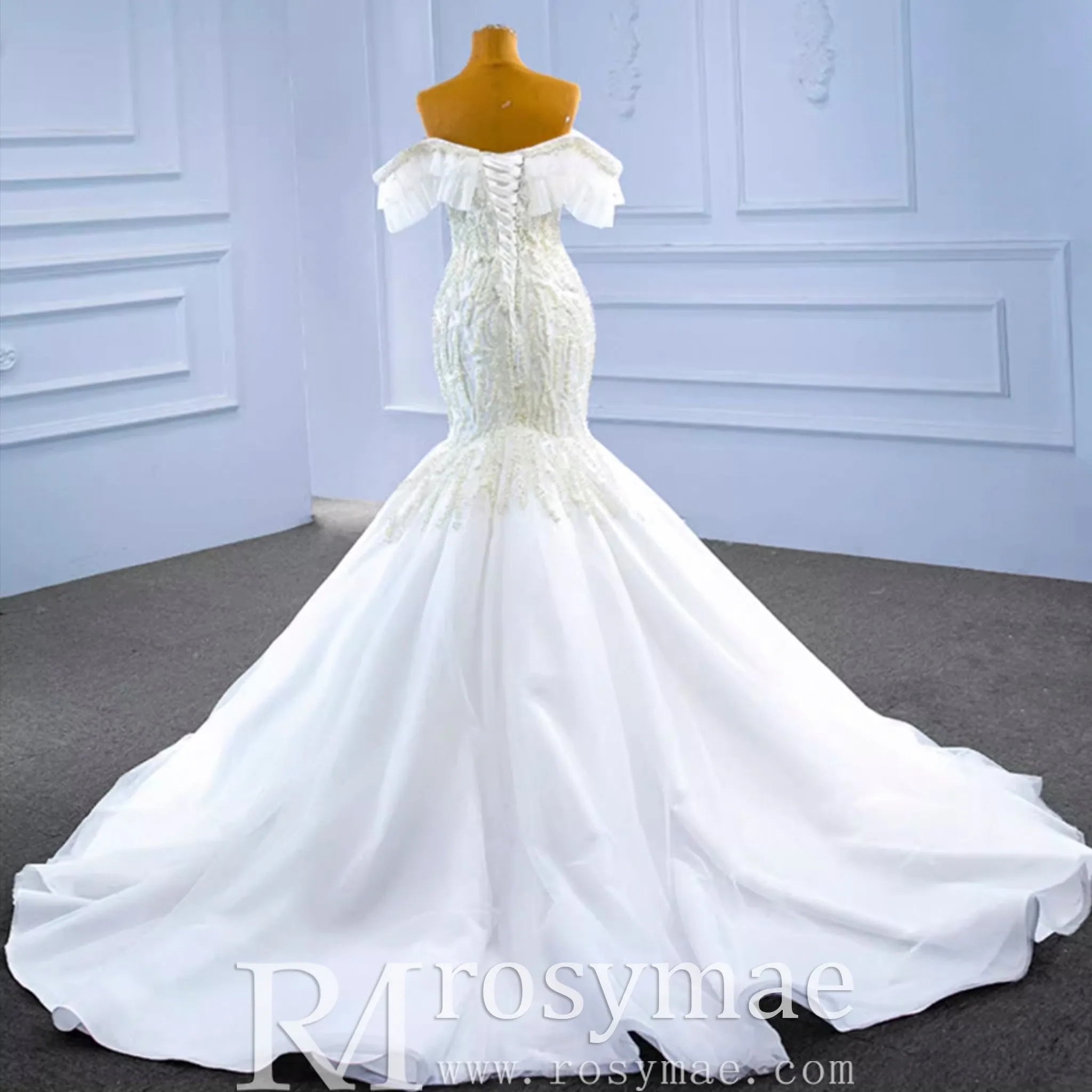 White Trumpet Tulle Off the Shoulder Pearls Wedding Dress
