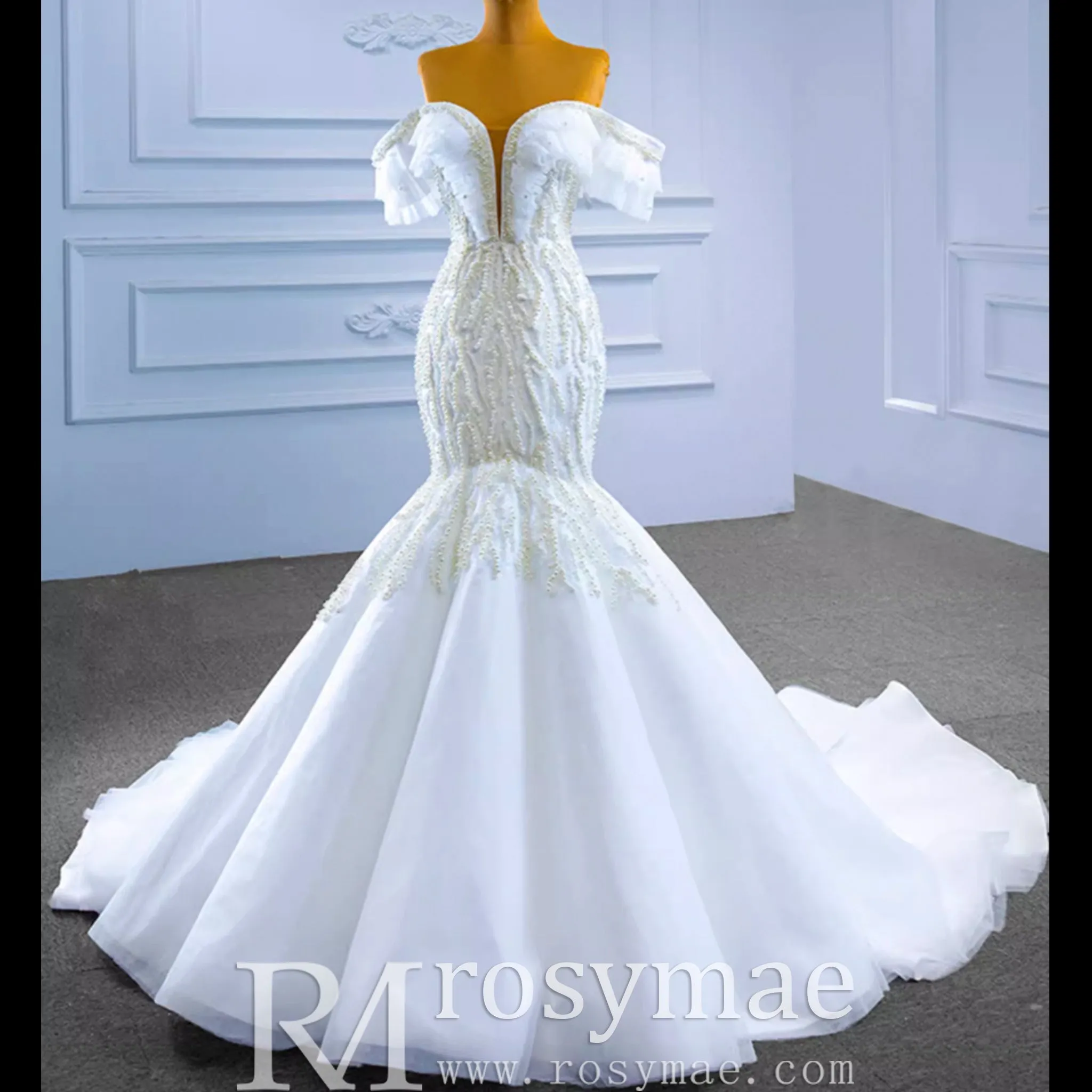 White Trumpet Tulle Off the Shoulder Pearls Wedding Dress