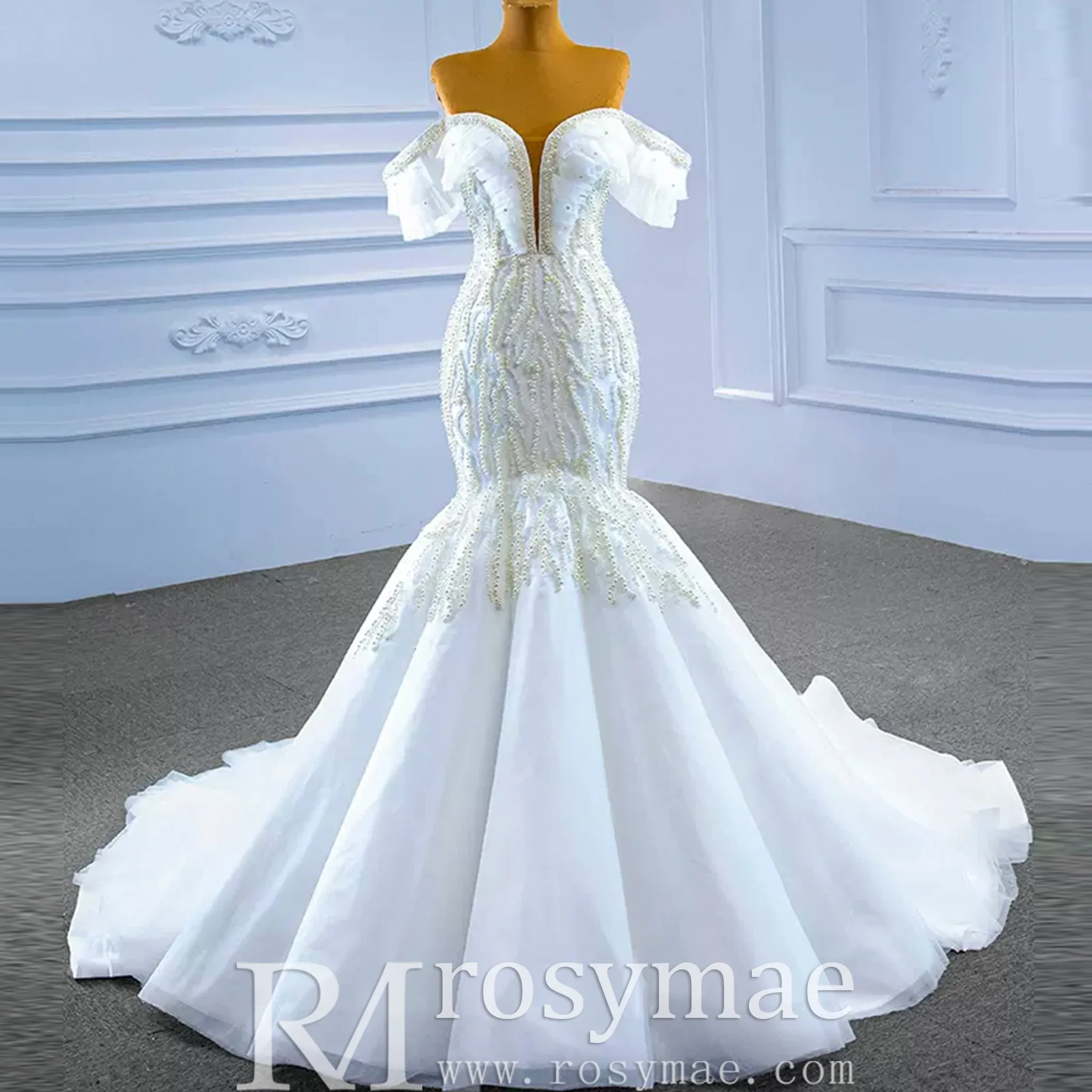 White Trumpet Tulle Off the Shoulder Pearls Wedding Dress