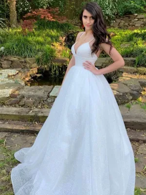 White v neck sequin tulle long prom dress white tulle formal dress