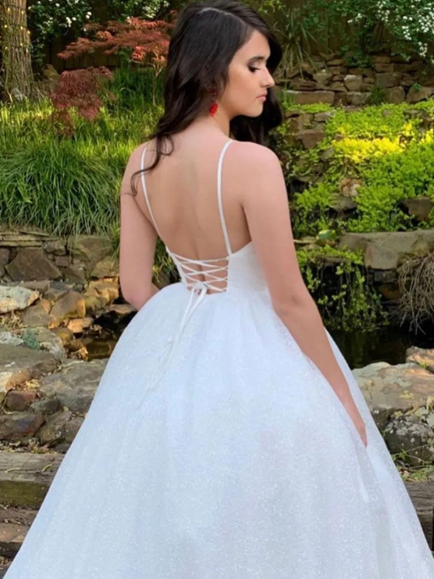 White v neck sequin tulle long prom dress white tulle formal dress