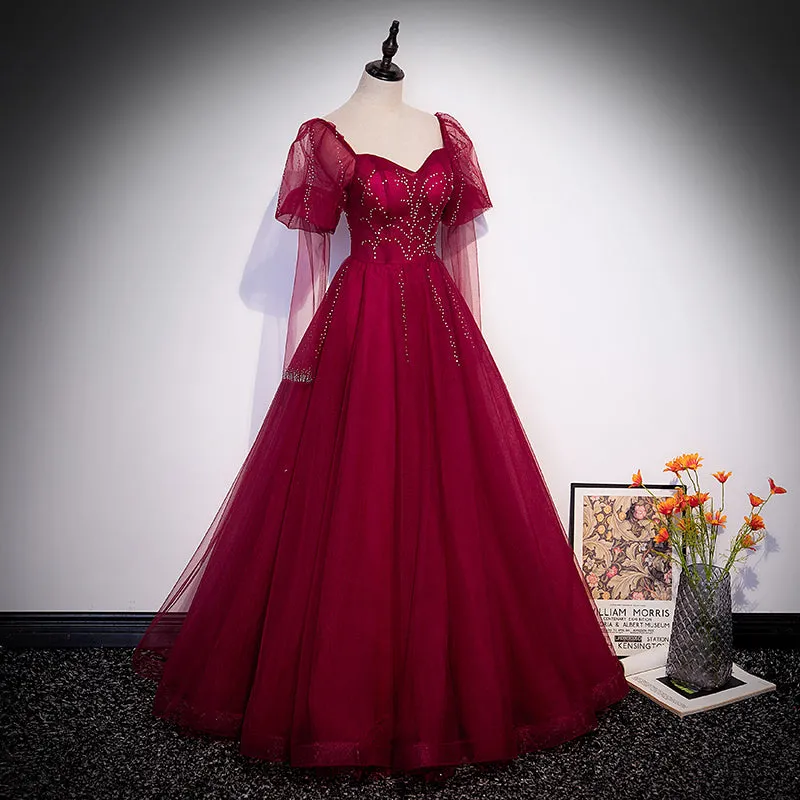 Wine Red Long Sleeves Tulle Evening Gown Prom Dress, Dark Red Beaded Party Dresses