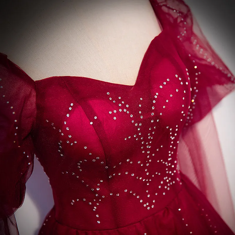 Wine Red Long Sleeves Tulle Evening Gown Prom Dress, Dark Red Beaded Party Dresses