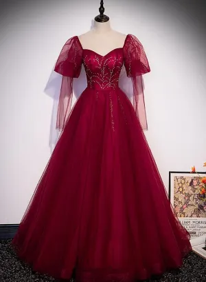 Wine Red Long Sleeves Tulle Evening Gown Prom Dress, Dark Red Beaded Party Dresses