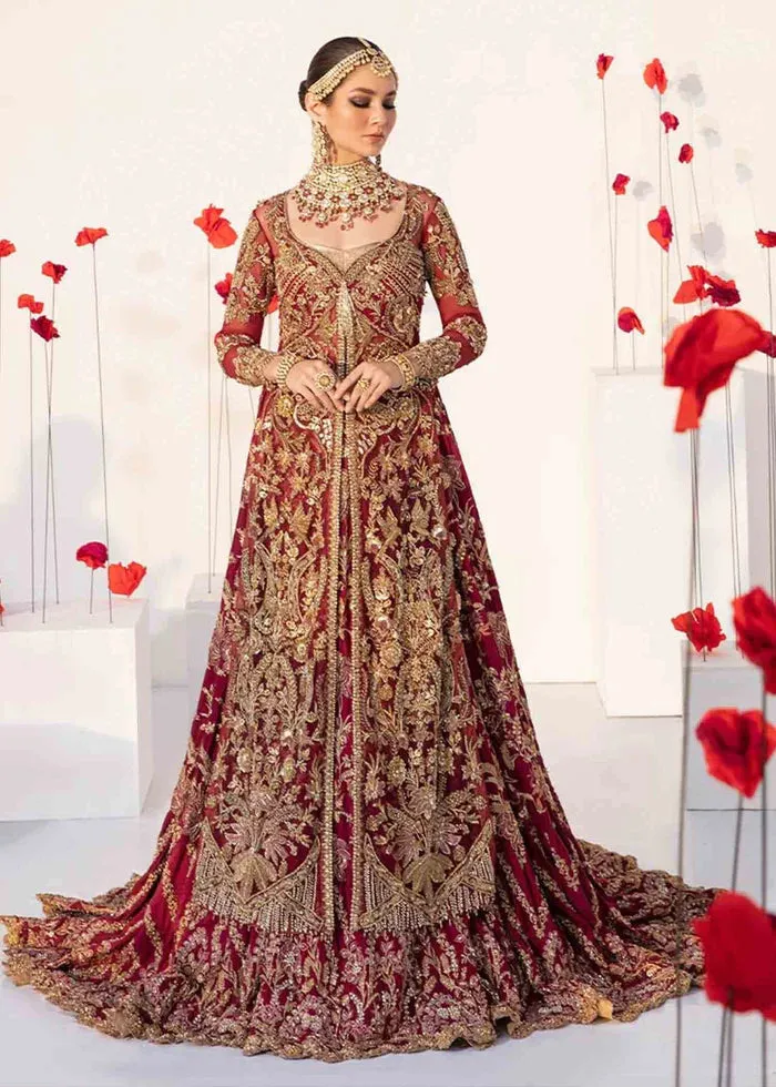 WINE RED Pakistani Bridal Outfit in Gown Lehenga Style