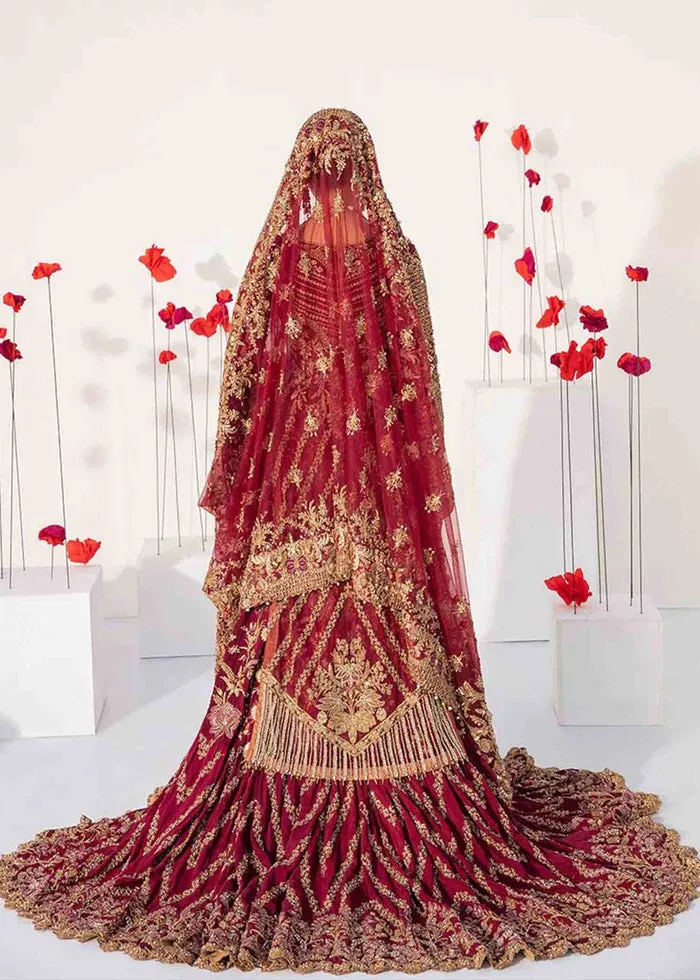 WINE RED Pakistani Bridal Outfit in Gown Lehenga Style