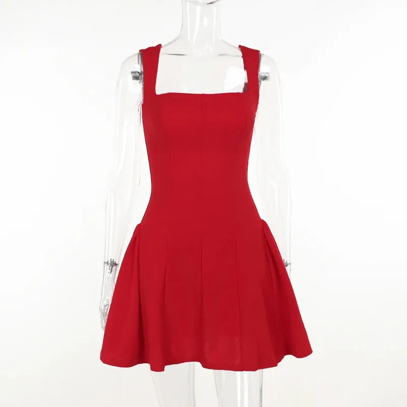 Wine Red Pleated Square Neck Mini Dress