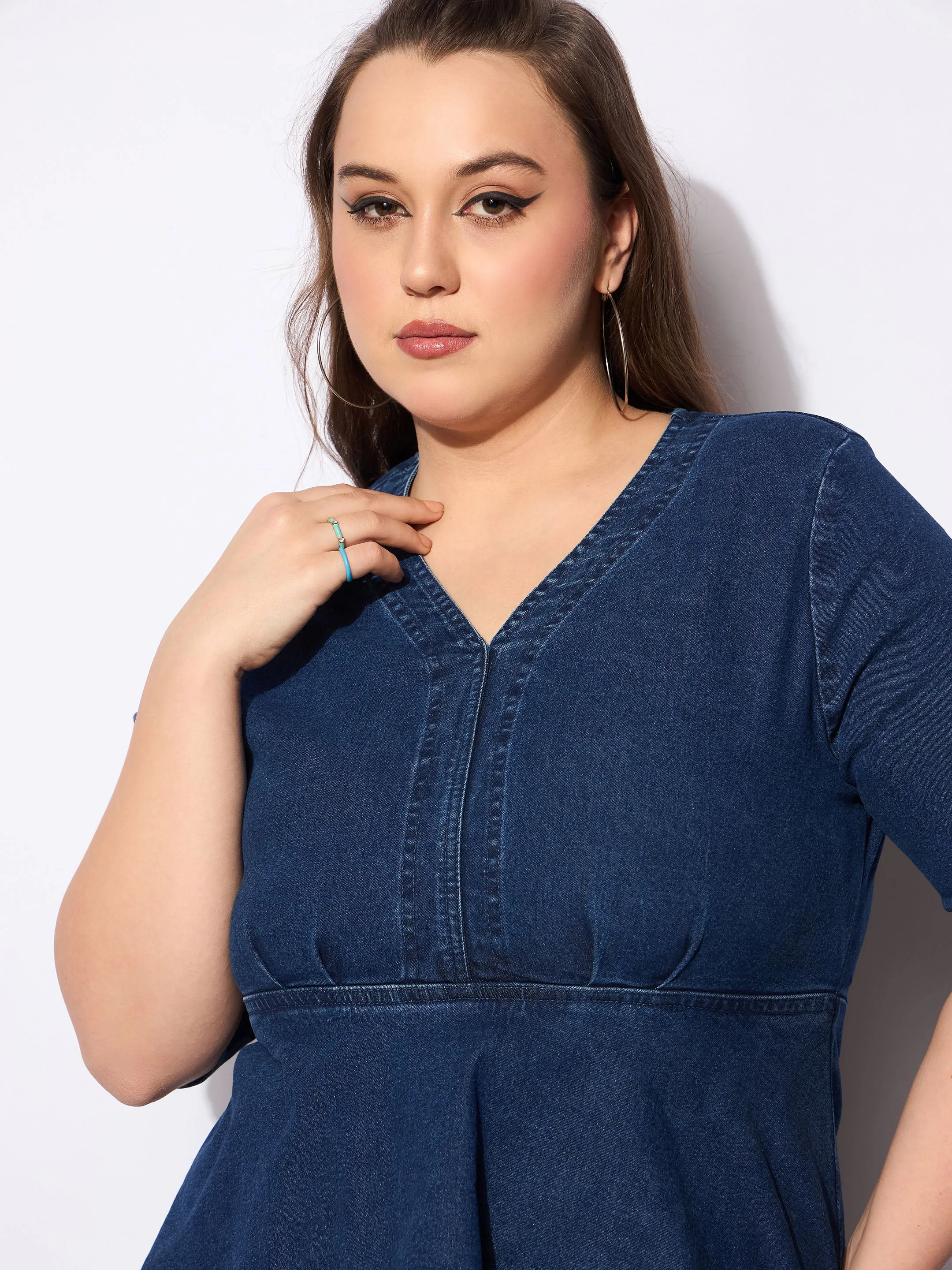 Women Blue Denim V Neck Front Peplum Dress
