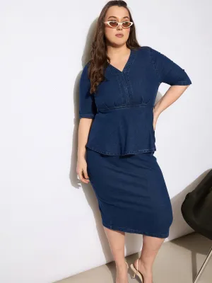 Women Blue Denim V Neck Front Peplum Dress