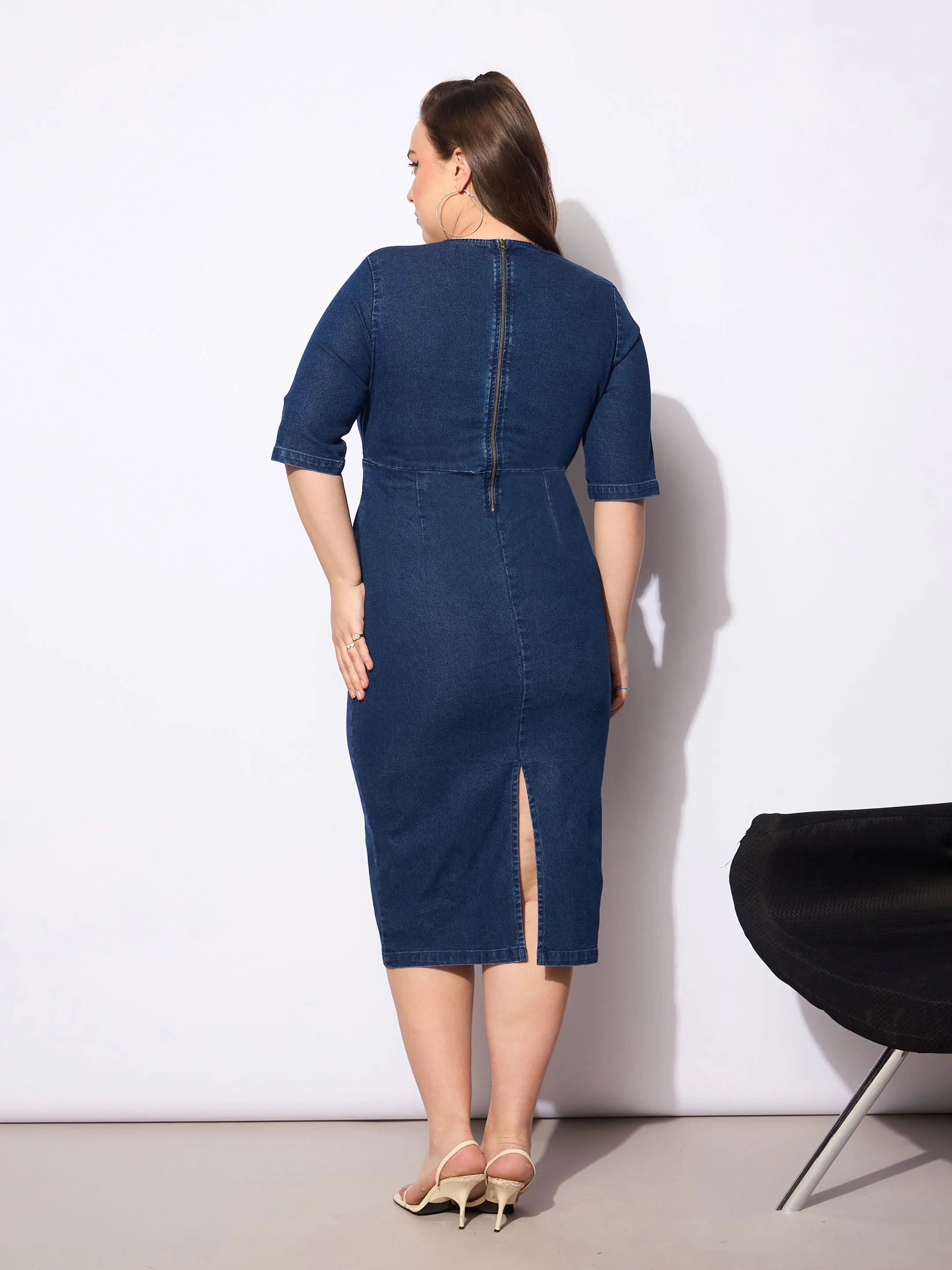 Women Blue Denim V Neck Front Peplum Dress