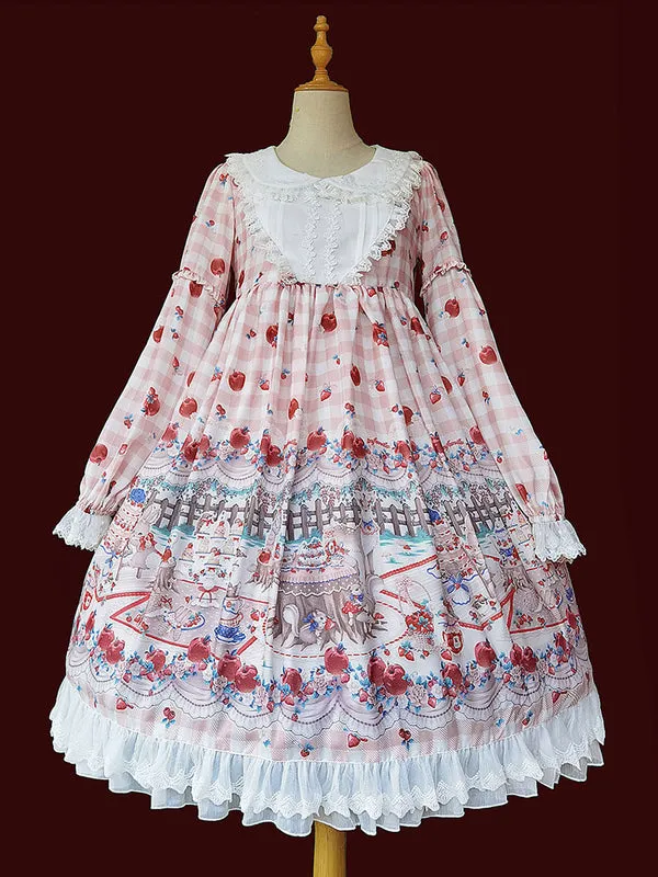 Women Sweet Lolita OP Dress Infanta Fairytale Floral Print Cherry Red Pleated Lolita One Piece Dresses