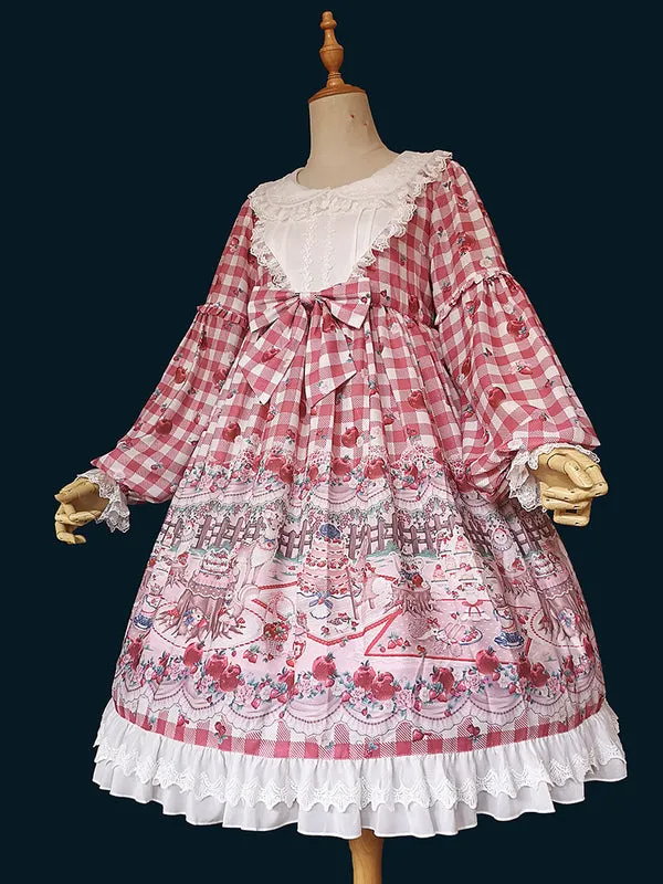 Women Sweet Lolita OP Dress Infanta Fairytale Floral Print Cherry Red Pleated Lolita One Piece Dresses