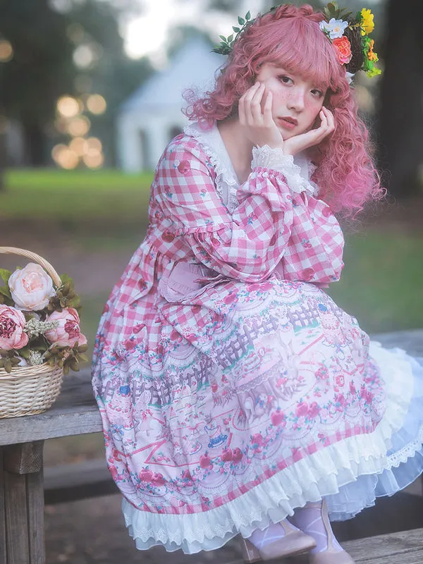 Women Sweet Lolita OP Dress Infanta Fairytale Floral Print Cherry Red Pleated Lolita One Piece Dresses