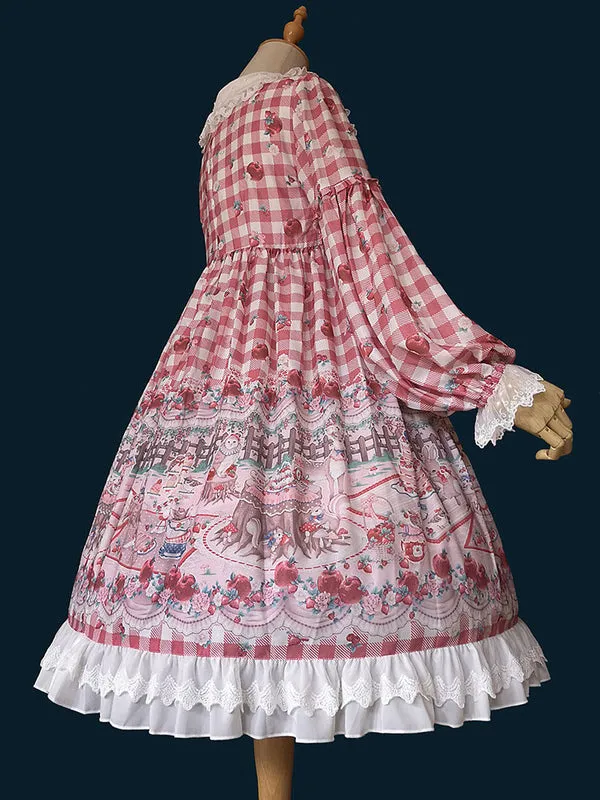 Women Sweet Lolita OP Dress Infanta Fairytale Floral Print Cherry Red Pleated Lolita One Piece Dresses