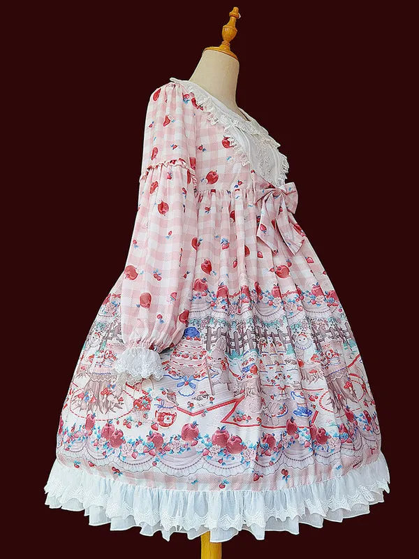 Women Sweet Lolita OP Dress Infanta Fairytale Floral Print Cherry Red Pleated Lolita One Piece Dresses