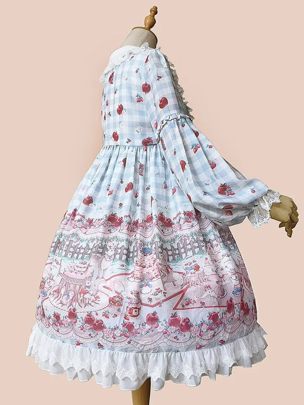 Women Sweet Lolita OP Dress Infanta Fairytale Floral Print Cherry Red Pleated Lolita One Piece Dresses