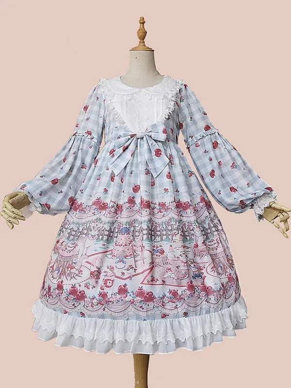 Women Sweet Lolita OP Dress Infanta Fairytale Floral Print Cherry Red Pleated Lolita One Piece Dresses
