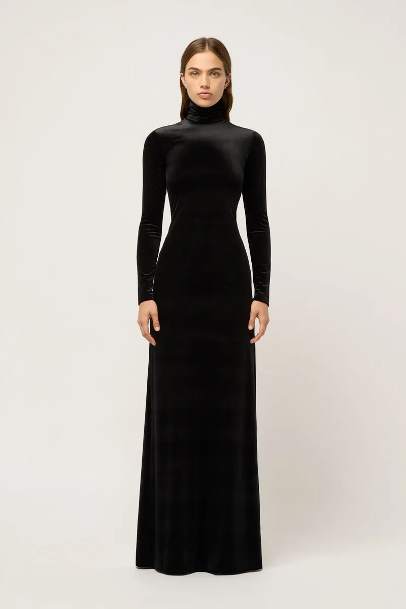 WOMENS HIGH NECK VELVET MAXI DRESS