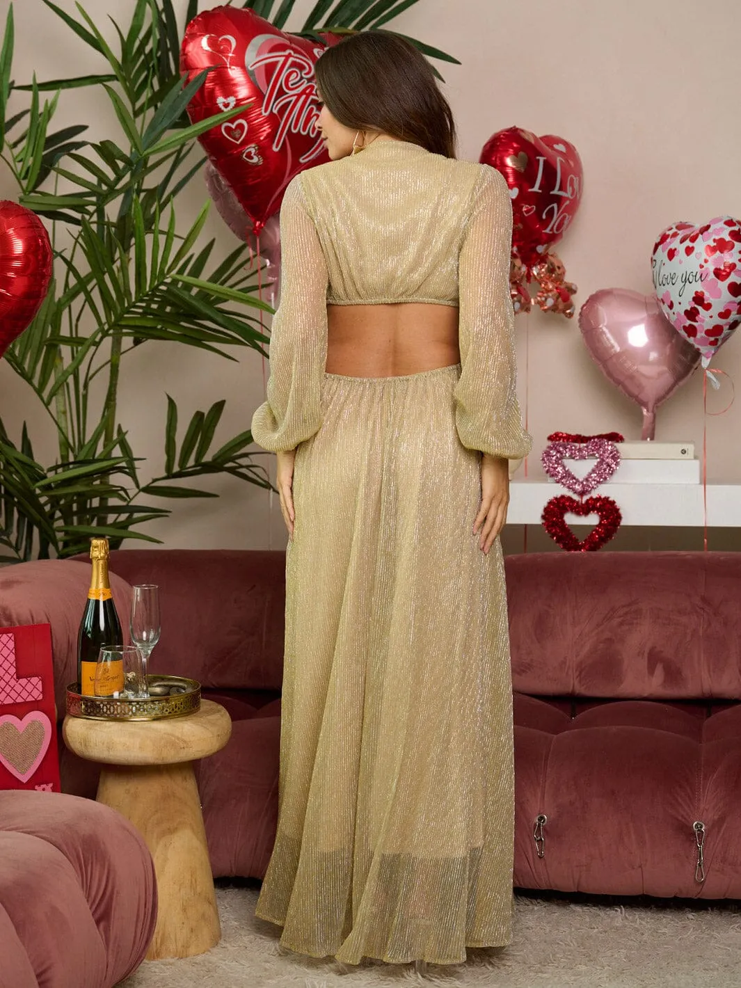 WOMEN'S LONG SLEEVE V-NECK CUT OUT SHIMMER MAXI DRESS