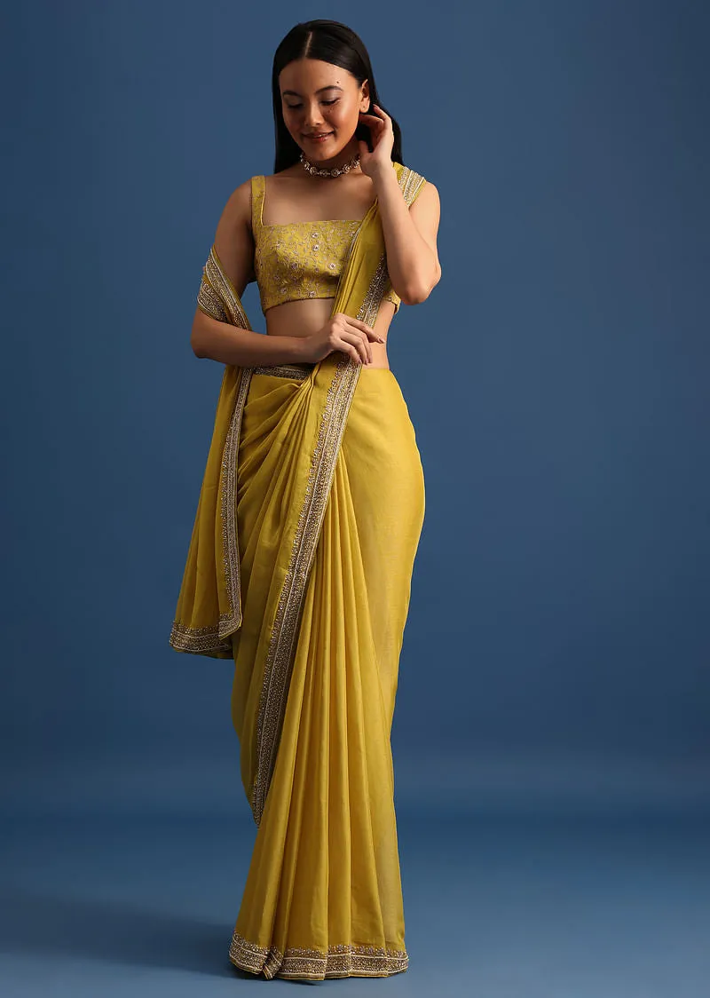 Yellow Tissue Organza Saree With Embroidered Border