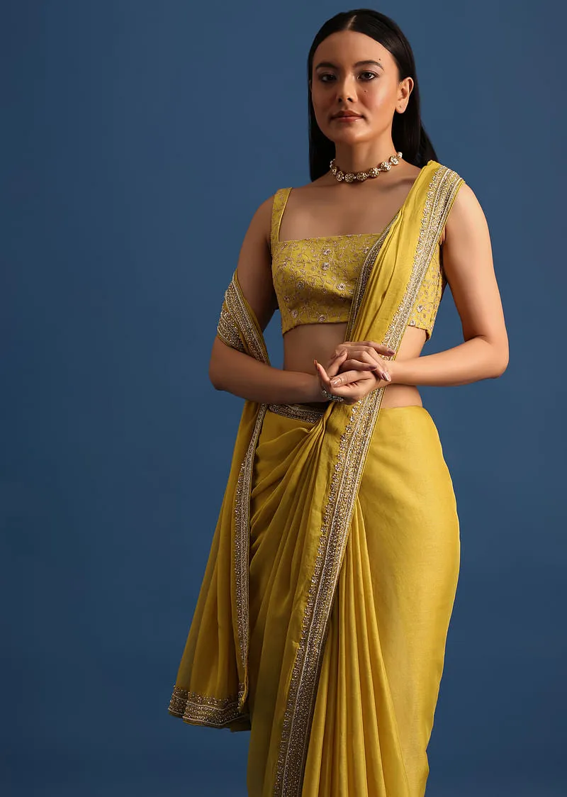 Yellow Tissue Organza Saree With Embroidered Border