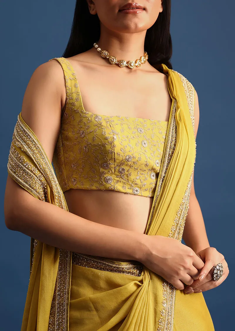Yellow Tissue Organza Saree With Embroidered Border