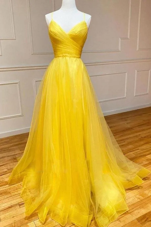 Yellow Tulle A-line V-neck Prom Dresses With Train, Evening Dresses, MP904