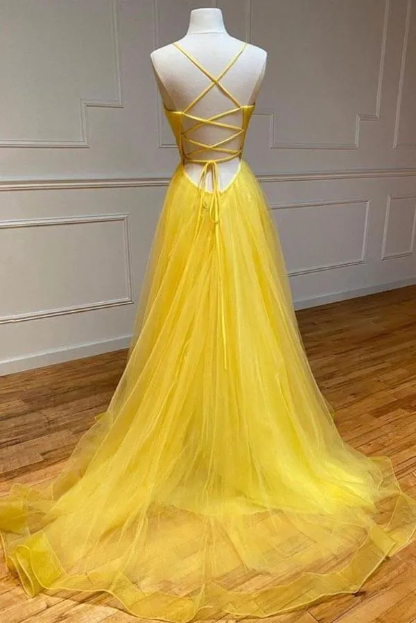Yellow Tulle A-line V-neck Prom Dresses With Train, Evening Dresses, MP904