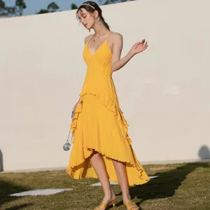 Yellow V-Neck Irregular Pleated Sexy Sling Dress